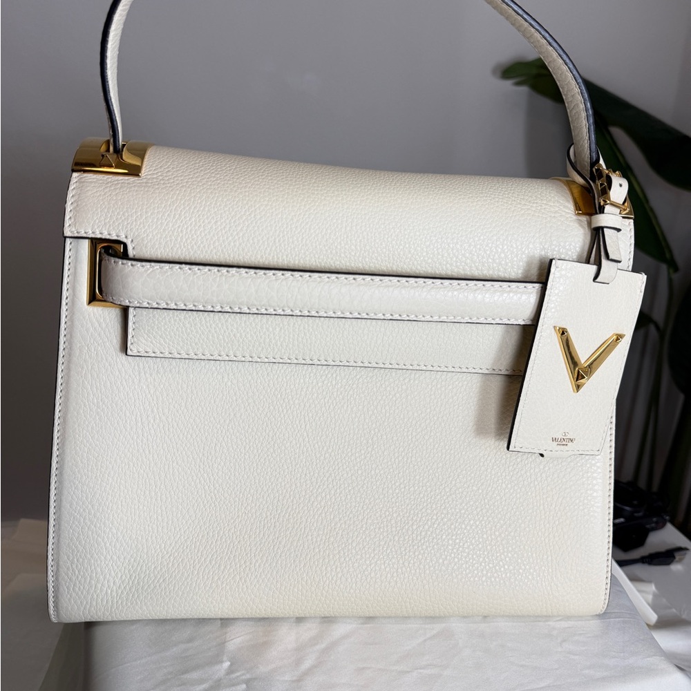 Valentino Garavani Ivory Leather Top-Handle Satchel with Gold Hardware